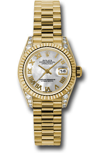 Rolex Yellow Gold Lady-Datejust 26 Watch - Fluted Bezel - Mother-Of-Pearl Roman Dial - President Bracelet - 179238 mrp