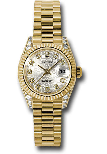 Rolex Yellow Gold Lady-Datejust 26 Watch - Fluted Bezel - Silver Jubilee Diamond Dial - President Bracelet - 179238 sjdp