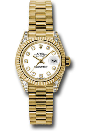 Rolex Yellow Gold Lady-Datejust 26 Watch - Fluted Bezel - White Diamond Dial - President Bracelet - 179238 wdp