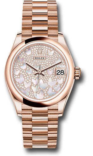 Rolex Everose Gold Datejust 31 Watch - Domed Bezel - Diamond Paved Butterfly Dial - President Bracelet - 278245 pmopbp