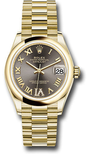 Rolex Yellow Gold Datejust 31 Watch - Domed Bezel - Dark Grey Diamond Six Dial - President Bracelet - 278248 dkgdr6p