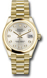 Rolex Yellow Gold Datejust 31 Watch - Domed Bezel - Silver Diamond Dial - President Bracelet - 278248 sdp
