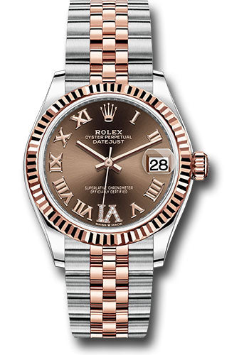 Rolex Steel and Everose Gold Datejust 31 Watch - Fluted Bezel - Dark Rhodium Diamond Roman VI Dial - Jubilee Bracelet - 278271 chodr6j