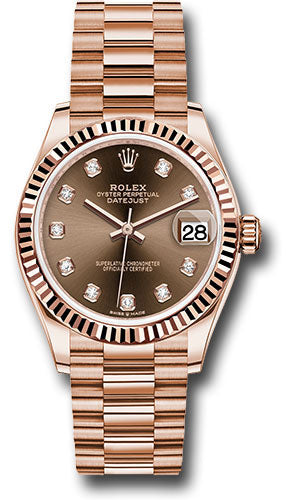 Rolex Everose Gold Datejust 31 Watch - Fluted Bezel - Chocolate Diamond Dial - President Bracelet - 278275 chodp