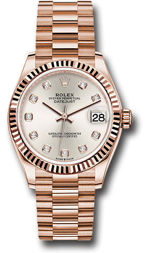 Rolex Everose Gold Datejust 31 Watch - Fluted Bezel - Silver Diamond Dial - President Bracelet - 278275 sdp