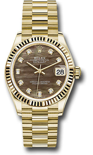 Rolex Yellow Gold Datejust 31 Watch - Fluted Bezel - Dark Mother-of-Pearl Diamond Dial - President Bracelet - 278278 dkmdp