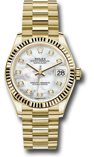 Rolex Yellow Gold Datejust 31 Watch - Fluted Bezel - Mother-of-Pearl Diamond Dial - President Bracelet - 278278 mdp