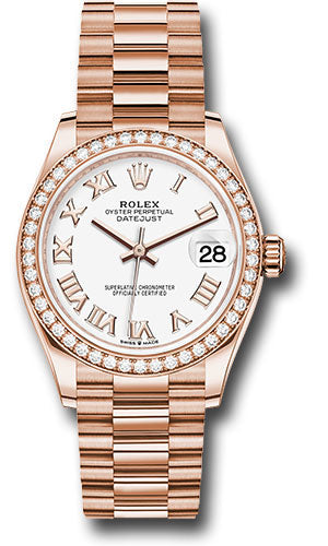Rolex Everose Gold Datejust 31 Watch - Diamond Bezel - White Roman Dial - President Bracelet - 278285RBR wrp