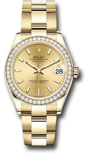 Rolex Yellow Gold Datejust 31 Watch - Diamond Bezel - Champagne Index Dial - Oyster Bracelet - 278288RBR chio