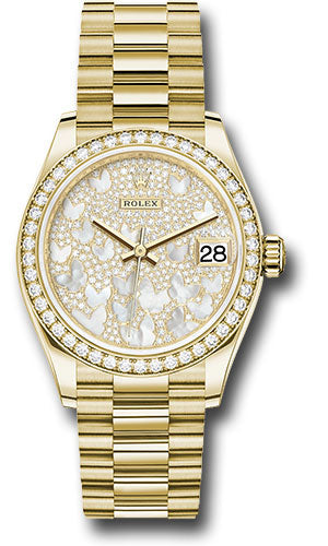 Rolex Yellow Gold Datejust 31 Watch - Diamond Bezel - Paved Mother-of-Pearl Butterfly Dial - President Bracelet - 278288RBR pmopbp