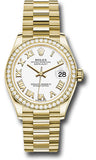 Rolex Yellow Gold Datejust 31 Watch - Diamond Bezel - White Roman Dial - President Bracelet - 278288RBR wrp