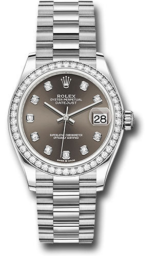 Rolex White Gold Datejust 31 Watch - Diamond Bezel - Dark Grey Roman Dial - President Bracelet - 278289RBR dkgrdp
