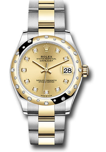 Rolex Steel and Yellow Gold Datejust 31 Watch - Domed Diamond Bezel - Champagne Diamond Dial - Oyster Bracelet - 278343 chdo