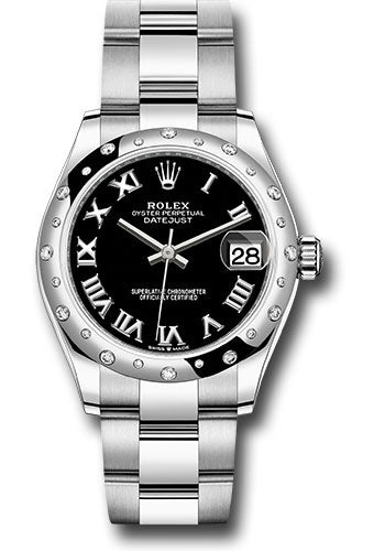 Rolex Steel and White Gold Datejust 31 Watch - Domed 24 Diamond Bezel - Black Roman Dial - Oyster Bracelet - 2020 Release - 278344RBR bkro