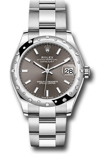 Rolex Steel and White Gold Datejust 31 Watch - Domed 24 Diamond Bezel - Dark Grey Index Dial - Oyster Bracelet - 2020 Release - 278344RBR dkgio