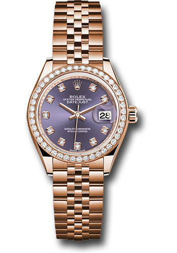 Rolex Everose Gold Lady-Datejust 28 Watch - 44 Diamond Bezel - Aubergine Diamond Dial - Jubilee Bracelet - 279135RBR adj