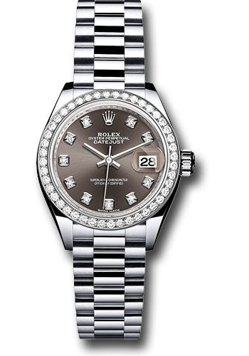 Rolex Platinum Lady-Datejust 28 Watch - 44 Diamond Bezel - Dark Grey Diamond Dial - President Bracelet - 279136RBR dkgdp