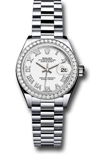 Rolex Platinum Lady-Datejust 28 Watch - 44 Diamond Bezel - White Roman Dial - President Bracelet - 279136RBR wrp