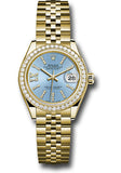 Rolex Yellow Gold Lady-Datejust 28 Watch - 44 Diamond Bezel - Cornflower Blue Stripe Diamond Index Dial - Jubilee Bracelet - 279138RBR cbls36dix8dj