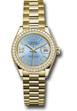 Rolex Yellow Gold Lady-Datejust 28 Watch - 44 Diamond Bezel - Cornflower Blue Stripe Diamond Index Dial - President Bracelet - 279138RBR cbls36dix8dp