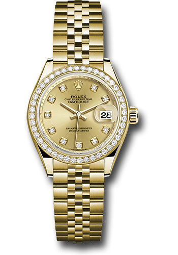 Rolex Yellow Gold Lady-Datejust 28 Watch - 44 Diamond Bezel - Champagne Diamond Dial - Jubilee Bracelet - 279138RBR chdj