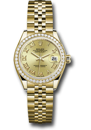Rolex Yellow Gold Lady-Datejust 28 Watch - 44 Diamond Bezel - Champagne Roman Dial - Jubilee Bracelet - 279138RBR chrj