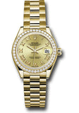 Rolex Yellow Gold Lady-Datejust 28 Watch - 44 Diamond Bezel - Champagne Roman Dial - President Bracelet - 279138RBR chrp