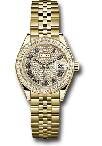 Rolex Yellow Gold Lady-Datejust 28 Watch - 44 Diamond Bezel - Diamond Paved Roman Dial - Jubilee Bracelet - 279138RBR dprj