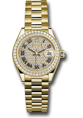Rolex Yellow Gold Lady-Datejust 28 Watch - 44 Diamond Bezel - Diamond Paved Roman Dial - President Bracelet - 279138RBR dprp