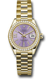 Rolex Yellow Gold Lady-Datejust 28 Watch - 44 Diamond Bezel - Lilac Stripe Diamond Index Dial - President Bracelet - 279138RBR lils36dix8dp