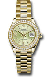 Rolex Yellow Gold Lady-Datejust 28 Watch - 44 Diamond Bezel - Linden Green Strip Diamond Index Dial - President Bracelet - 279138RBR lings36dix8dp