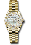 Rolex Yellow Gold Lady-Datejust 28 Watch - 44 Diamond Bezel - Mother-of-Pearl Diamond Dial - President Bracelet - 279138RBR mdp