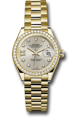 Rolex Yellow Gold Lady-Datejust 28 Watch - 44 Diamond Bezel - Silver Diamond Star Dial - President Bracelet - 279138RBR s9dix8dp
