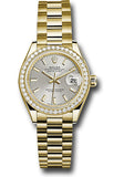 Rolex Yellow Gold Lady-Datejust 28 Watch - 44 Diamond Bezel - Silver Index Dial - President Bracelet - 279138RBR sip