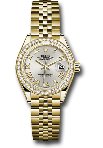 Rolex Yellow Gold Lady-Datejust 28 Watch - 44 Diamond Bezel - Silver Roman Dial - Jubilee Bracelet - 279138RBR srj