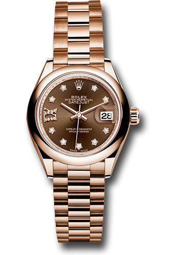 Rolex Everose Gold Lady-Datejust 28 Watch - Domed Bezel - Chocolate Diamond Star Dial - President Bracelet - 279165 cho9dix8dp
