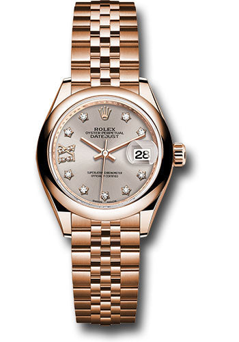 Rolex Everose Gold Lady-Datejust 28 Watch - Domed Bezel - Silver Sundust Diamond Star Dial - Jubilee Bracelet - 279165 s9dix8dj