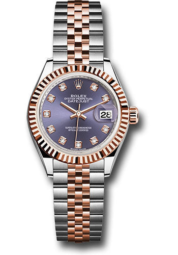 Rolex Steel and Everose Gold Rolesor Lady-Datejust 28 Watch - Fluted Bezel - Aubergine Diamond Dial - Jubilee Bracelet - 279171 audj