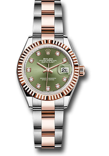 Rolex Steel and Everose Gold Rolesor Lady-Datejust 28 Watch - Fluted Bezel - Olive Green Diamond Dial - Oyster Bracelet - 279171 ogdo