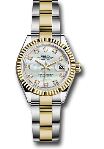 Rolex Steel and Yellow Gold Rolesor Lady-Datejust 28 Watch - Fluted Bezel - White Mother-Of-Pearl Diamond Dial - Oyster Bracelet - 279173 mdo