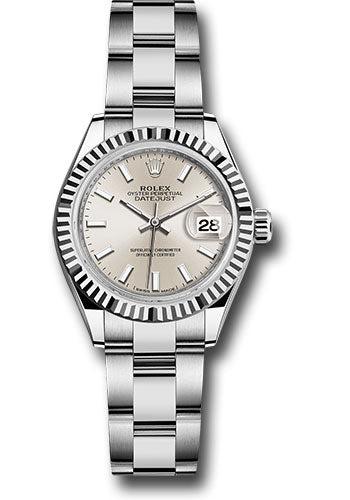 Rolex Steel and White Gold Rolesor Lady-Datejust 28 Watch - Fluted Bezel - Silver Index Dial - Oyster Bracelet - 279174 sio
