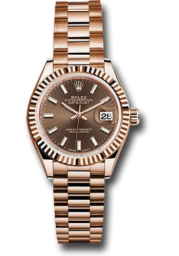 Rolex Everose Gold Lady-Datejust 28 Watch - Fluted Bezel - Chocolate Index Dial - President Bracelet - 279175 choip