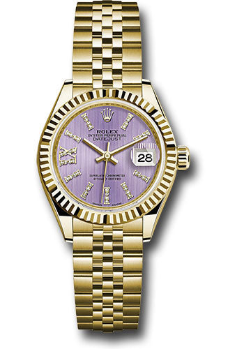 Rolex Yellow Gold Lady-Datejust 28 Watch - Fluted Bezel - Lilac Stripe Diamond Index Dial - Jubilee Bracelet - 279178 lils36dix8dj