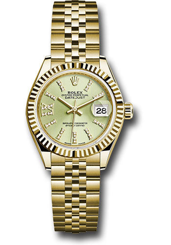 Rolex Yellow Gold Lady-Datejust 28 Watch - Fluted Bezel - Linden Green Strip Diamond Index Dial - Jubilee Bracelet - 279178 lings36dix8dj