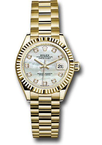 Rolex Yellow Gold Lady-Datejust 28 Watch - Fluted Bezel - Mother-of-Pearl Diamond Dial - President Bracelet - 279178 mdp