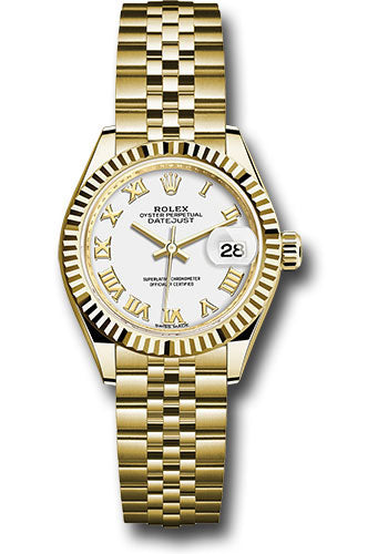 Rolex Yellow Gold Lady-Datejust 28 Watch - Fluted Bezel - White Roman Dial - Jubilee Bracelet - 279178 wrj