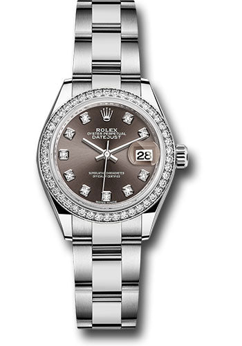Rolex Steel and White Gold Rolesor Lady-Datejust 28 Watch - 44 Diamond Bezel - Dark Grey Diamond Dial - Oyster Bracelet - 279384RBR dgdo