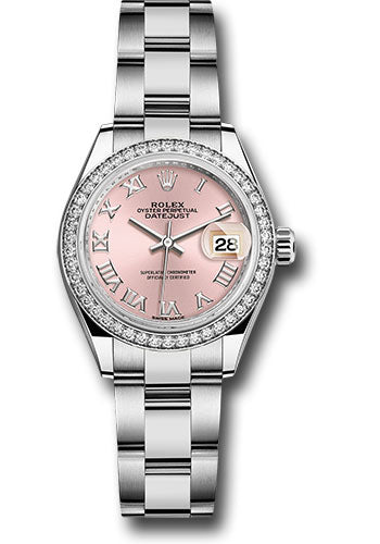 Rolex Steel and White Gold Rolesor Lady-Datejust 28 Watch - 44 Diamond Bezel - Pink Roman Dial - Oyster Bracelet - 279384RBR pro