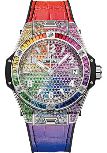 Hublot Big Bang One Click Steel Rainbow Watch - 39 mm - White Dial - Black Rubber and Multicolored Leather Strap-465.SX.9910.LR.0999