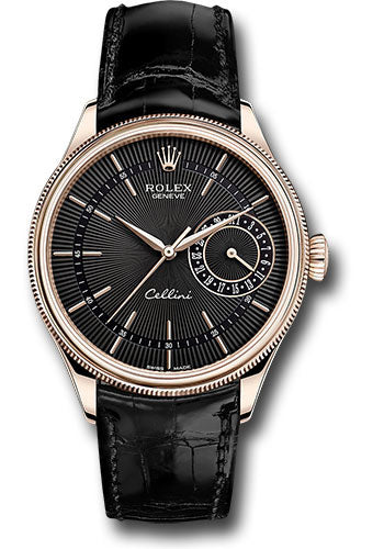 Rolex Cellini Date Watch - Everose Gold - Black Dial - Black Leather Strap - 50515 bkbk